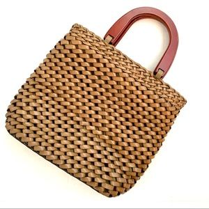 RARE Vintage Fossil Basket Weave Leather Hand Bag Wooden Handle GUC